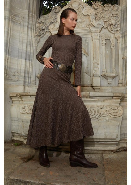 Kadın Kahve Bisiklet Yaka Desenli Volanlı ELBISE(111) modelleri