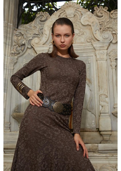 Kadın Kahve Bisiklet Yaka Desenli Volanlı ELBISE(111) fırsatları