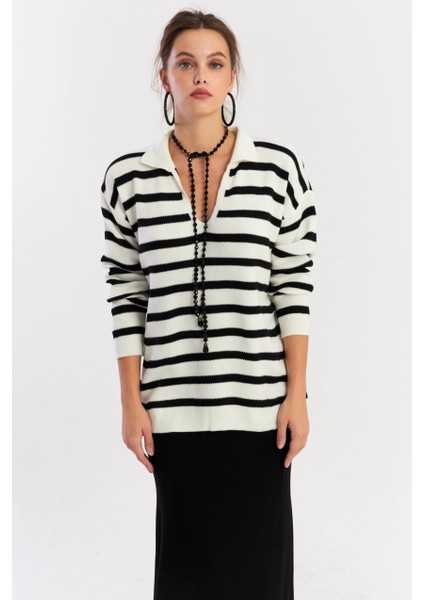 Kadın Ekru-Siyah Polo Yaka Çizgili Triko Kazak COL01 fiyatları