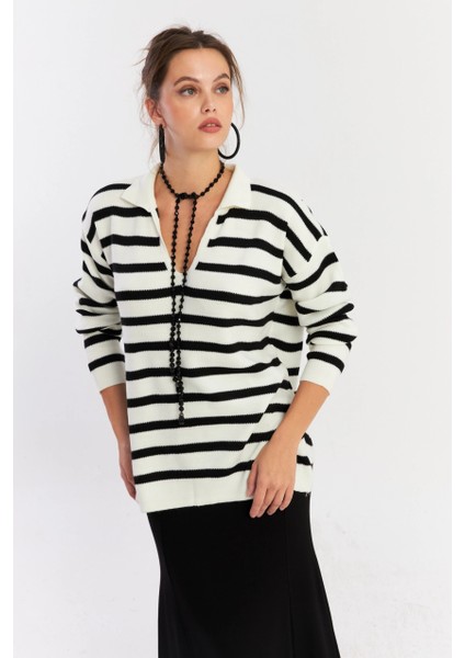 Kadın Ekru-Siyah Polo Yaka Çizgili Triko Kazak COL01 modelleri