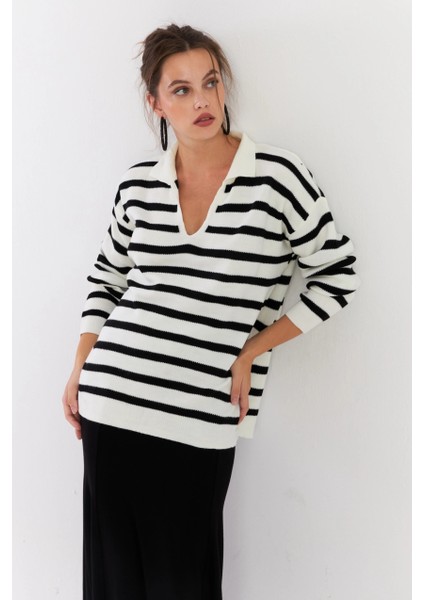Kadın Ekru-Siyah Polo Yaka Çizgili Triko Kazak COL01 fırsatları