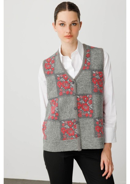 Kadın Pıtırcık Çiçekli Patchwork Keçe Yün Yelek 24084 Y.füme-Y.ş Pembe