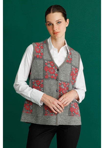 Kadın Pıtırcık Çiçekli Patchwork Keçe Yün Yelek 24084 Y.füme-Y.ş Pembe fiyatları