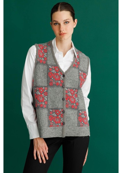 Kadın Pıtırcık Çiçekli Patchwork Keçe Yün Yelek 24084 Y.füme-Y.ş Pembe modelleri