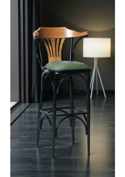 169/65 Özel Üretim Bar Taburesi / Sandalyesi – 65 cm Yükseklik Yeşil Deri, Ahşap Sırt, Metal Ayak fiyatları