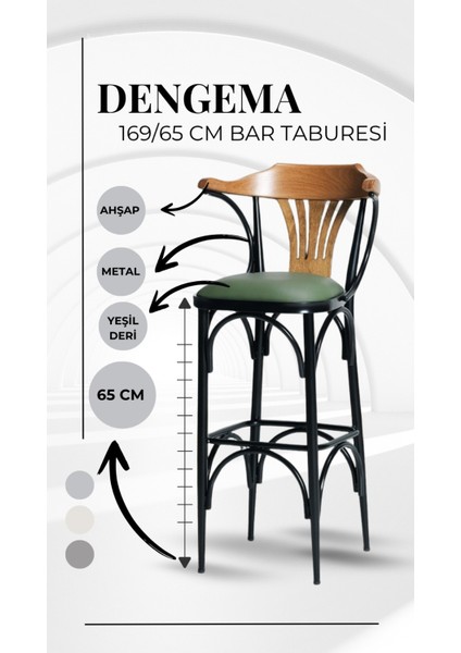 169/65 Özel Üretim Bar Taburesi / Sandalyesi – 65 cm Yükseklik Yeşil Deri, Ahşap Sırt, Metal Ayak fırsatları