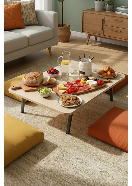 Ahşap Desenli Metal Katlanır Ayaklı Kamp Bahçe Ev Için Dikdörtgen Yer Sofrası