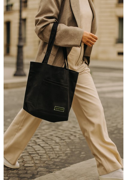 Çok Amaçlı Premium Tek Çıtlı Life Baskılı Siyah Orta Boy Kanvas El ve Omuz Çantası