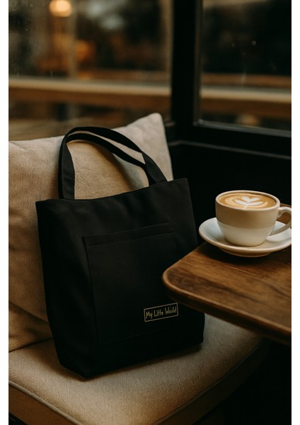 Çok Amaçlı Premium Tek Çıtlı Life Baskılı Siyah Orta Boy Kanvas El ve Omuz Çantası fiyatları