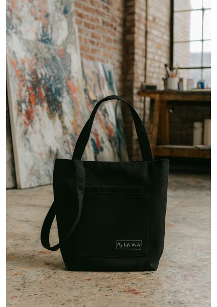 Çok Amaçlı Premium Tek Çıtlı Life Baskılı Siyah Orta Boy Kanvas El ve Omuz Çantası modelleri