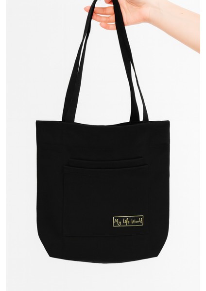 Çok Amaçlı Premium Tek Çıtlı Life Baskılı Siyah Orta Boy Kanvas El ve Omuz Çantası fırsatları