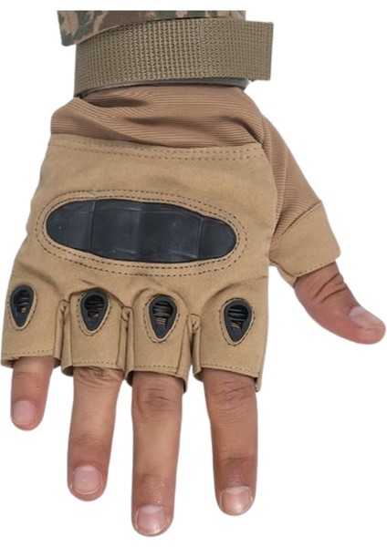 Tactical Outdoor Kesik Parmaksız Eldiven Asker Polis Dağcı Sporcu Bisikletçi Kemik Eldiveni Bej