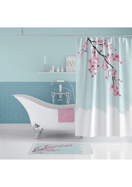 Banyo Paspas ve Tek Kanat Duş Perdesi 1X180X200 Set Banyo Halısı Sakura
