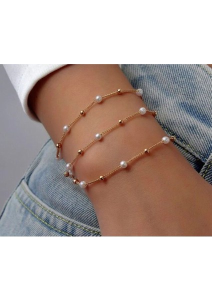 Şık Incili Boncuklu 3'lü Kadın Bileklik - Zarif ve Modern