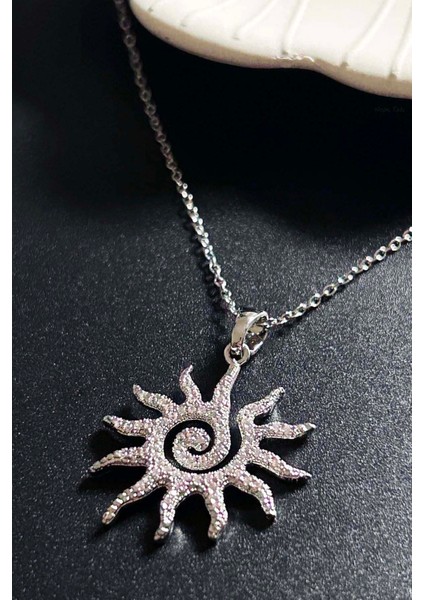 Zirkon Taşlı, Güneş Figürlü Paslanmaz Çelik Kolye 414, Gümüş Renk