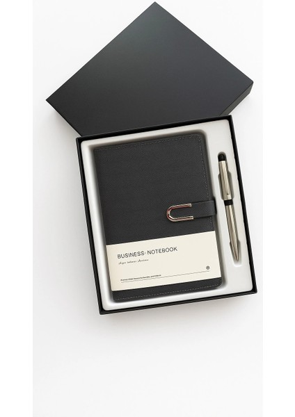 Kumaş Mıknatıs Kapaklı Kalemli Ajanda Günlük Not Defteri Notebook Gri