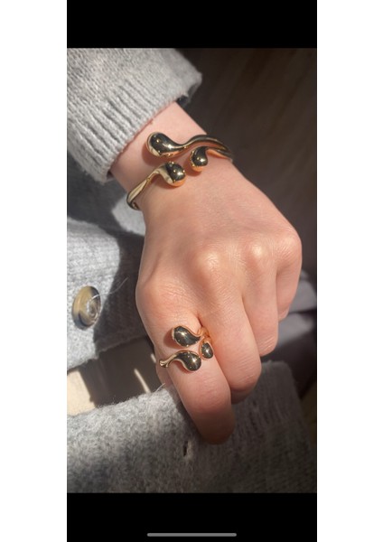 14 Ayar Altın Modern Tasarım Açık Damla Kelepçe Bileklik