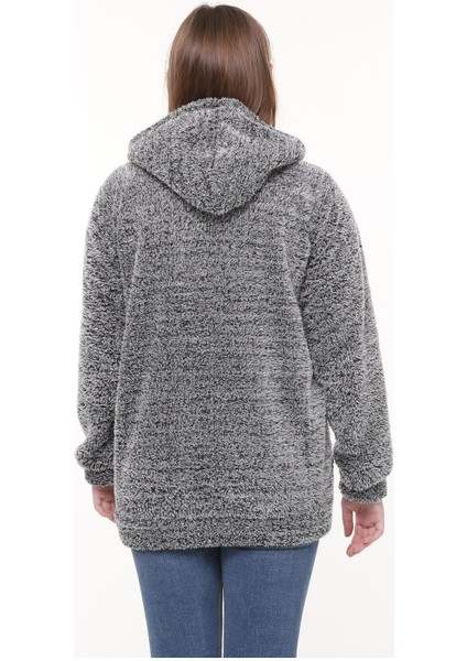 Kapüşonlu Welsoft Peluş Gri Hırka - Cepli Kapüşonlu Fermuarlı Kışlık Peluş Gri Hırka Ceket modelleri