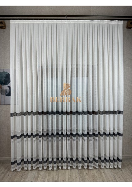 Striea Gri Şerit Tül Perde (Pilesiz Düz)