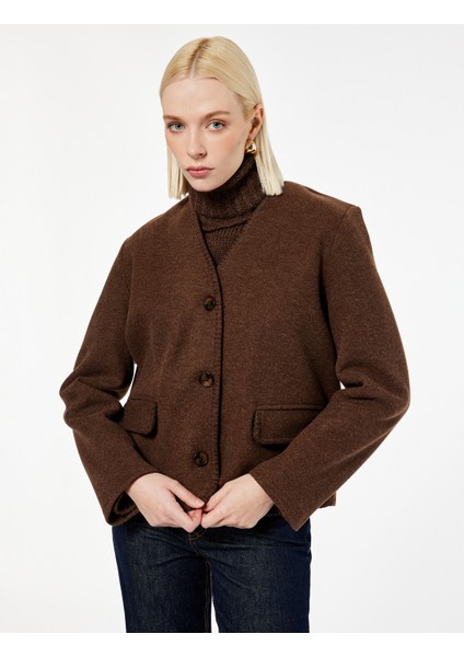 Çoban Dikişi Detaylı Düğmeli Uzun Kollu Cepli Kaşe Ceket