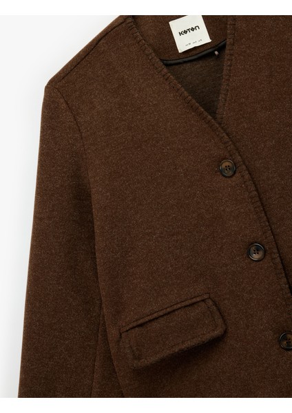 Çoban Dikişi Detaylı Düğmeli Uzun Kollu Cepli Kaşe Ceket