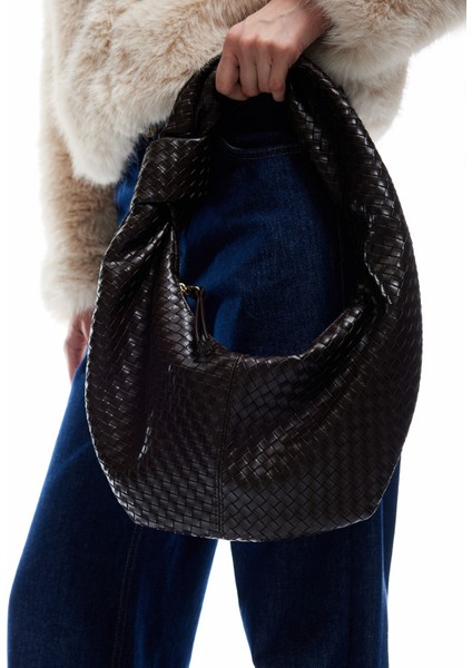 Suni Deri Örgü Dokulu Düğüm Detaylı Omuz Çantası