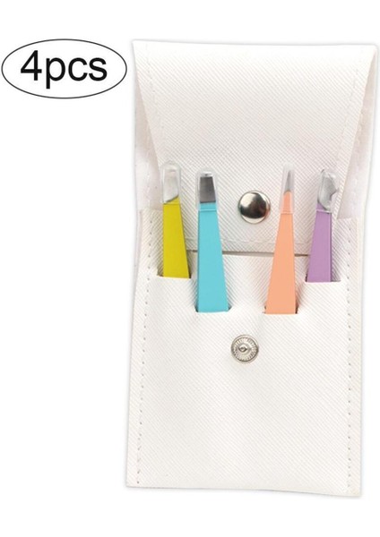 4 Parça Paslanmaz Çelik Cımbız Seti, Beyaz Deri Çantalı, Profesyonel Kalite