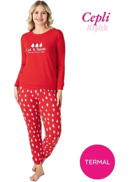 Kadın Bisiklet Yaka Düğmesiz Kışlık Termal Bilek Manşetli Jogger Uzun Kol Cepli Pijama Takımı