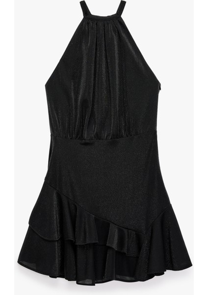Kolsuz Halter Yaka Katlı Volanlı Mini Abiye Elbise