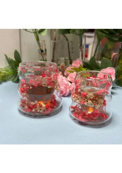 Isıya Dayanıklı Canlı Kurutulmuş Çiçekli Çift Cidarlı Cam Kahve Kupası