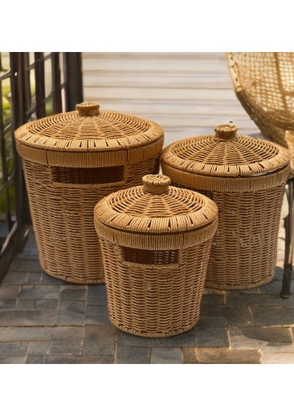 3'lü Hasır Kapaklı Rattan Çok Amaçlı Mutfak Sepeti
