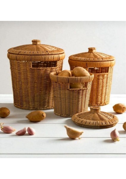 3'lü Hasır Kapaklı Rattan Çok Amaçlı Mutfak Sepeti fiyatları