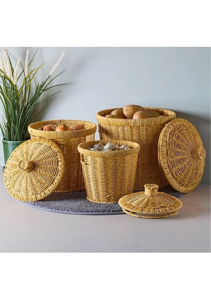 3'lü Hasır Kapaklı Rattan Çok Amaçlı Mutfak Sepeti modelleri