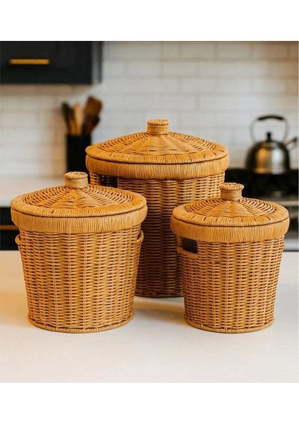 3'lü Hasır Kapaklı Rattan Çok Amaçlı Mutfak Sepeti fırsatları