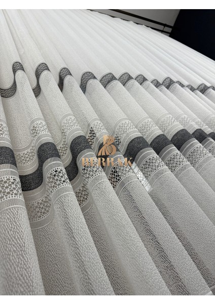 Striea Gri Şerit Tül Perde (Pilesiz Düz) modelleri