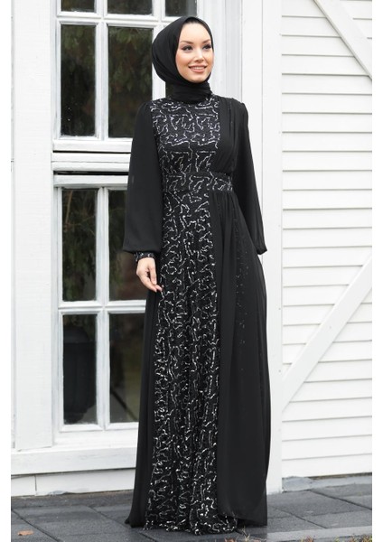 Tesettür Abiye Elbise - Pul Payetli Gümüş Tesettür Abiye Elbise 5408GMS