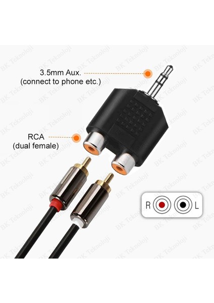 Stereo Ses Konektörü 3.5 mm Erkek Jak - 2 Rca (R+L) Dişi Ayırıcı Adaptör fiyatları