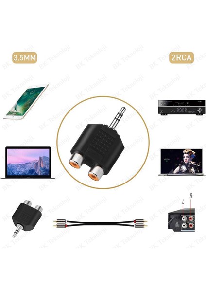 Stereo Ses Konektörü 3.5 mm Erkek Jak - 2 Rca (R+L) Dişi Ayırıcı Adaptör