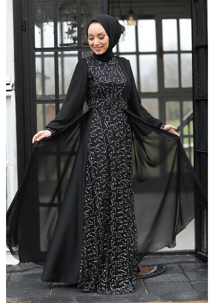 Tesettür Abiye Elbise - Pul Payetli Gümüş Tesettür Abiye Elbise 5408GMS fiyatları
