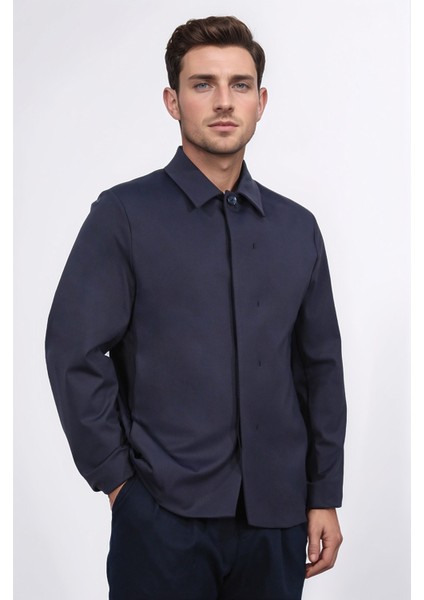 Comfort Fit Bi-Strech Hafif Dokulu Lacivert Astarsız Gömlek Ceket modelleri
