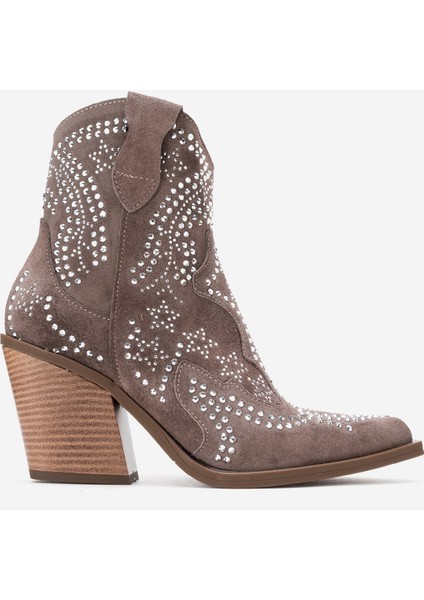 Kadın Taşlı Kalın Taban Western Bot Gerçek Süet Deri Zy 1610 Vizon