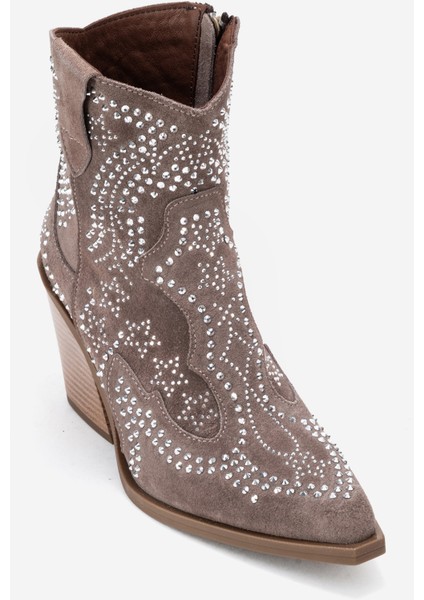 Kadın Taşlı Kalın Taban Western Bot Gerçek Süet Deri Zy 1610 Vizon modelleri