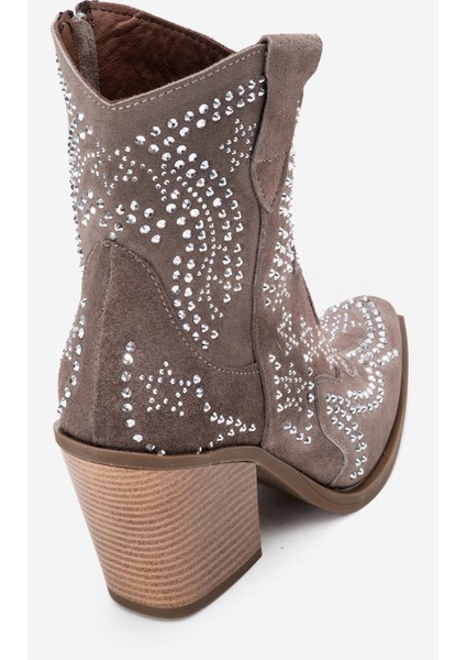 Kadın Taşlı Kalın Taban Western Bot Gerçek Süet Deri Zy 1610 Vizon fırsatları