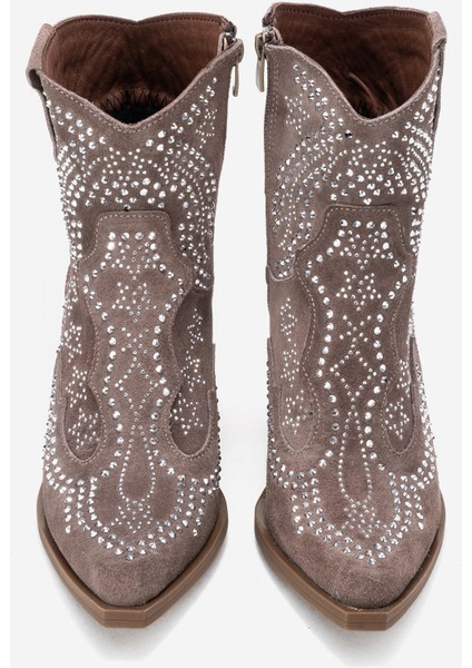 Kadın Taşlı Kalın Taban Western Bot Gerçek Süet Deri Zy 1610 Vizon indirimleri