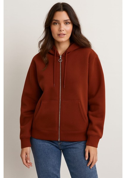 Düz Renk Kapüşonlu Üç Ip Unisex Ceket