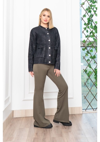 Sahte Dikiş Detaylı Yün Sakal Taş Düğmeli Hırka 25202