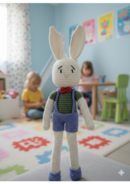 35 cm Boyutunda El Yapımı Amigurumi Tavşan: Beyaz ve Mavi Kombinli, Şık Kırmızı Papyonlu Örgü Oyun Arkadaşı! Yumuşak %100 Pamuk İplikten Üretildi, Güvenli ve Ce Sertifikalı Bebek Oyuncak Hediye