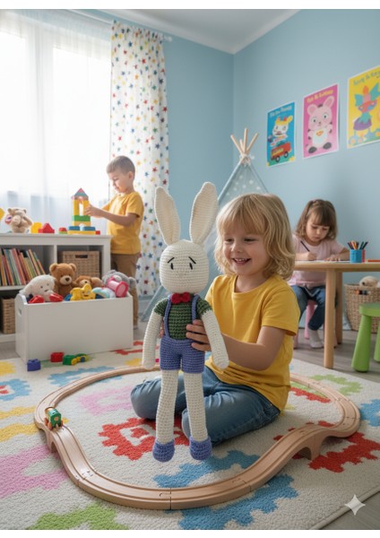 35 cm Boyutunda El Yapımı Amigurumi Tavşan: Beyaz ve Mavi Kombinli, Şık Kırmızı Papyonlu Örgü Oyun Arkadaşı! Yumuşak %100 Pamuk İplikten Üretildi, Güvenli ve Ce Sertifikalı Bebek Oyuncak Hediye modelleri