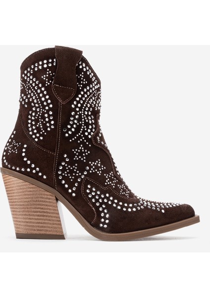 Kadın Taşlı Kalın Taban Western Bot Gerçek Süet Deri Zy 1610 Kahverengi