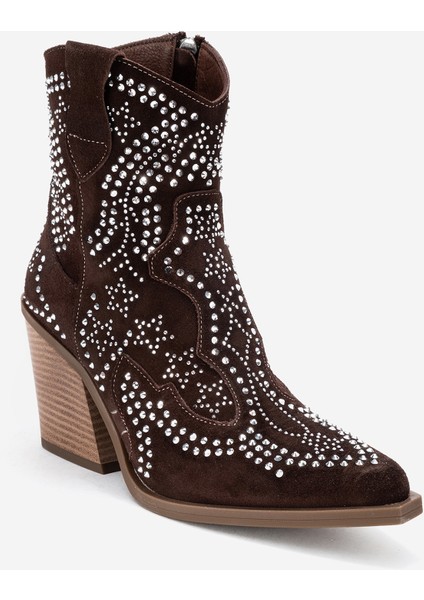 Kadın Taşlı Kalın Taban Western Bot Gerçek Süet Deri Zy 1610 Kahverengi modelleri